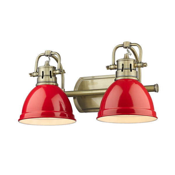 Duncan Aged Brass Two-Light Bath Vanity with Red Shades, image 1